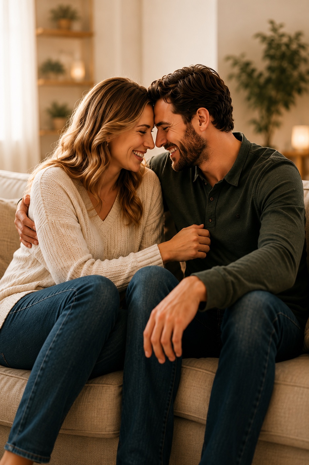 A couple laughing together at home